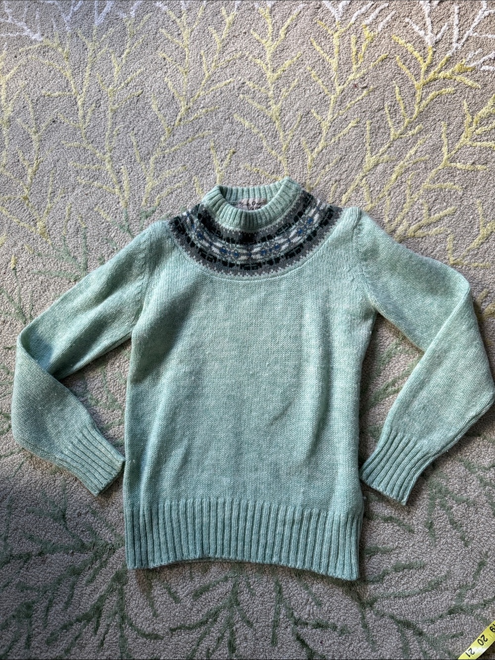 1970s vintage fair isle wool blend mint green sweater medium
